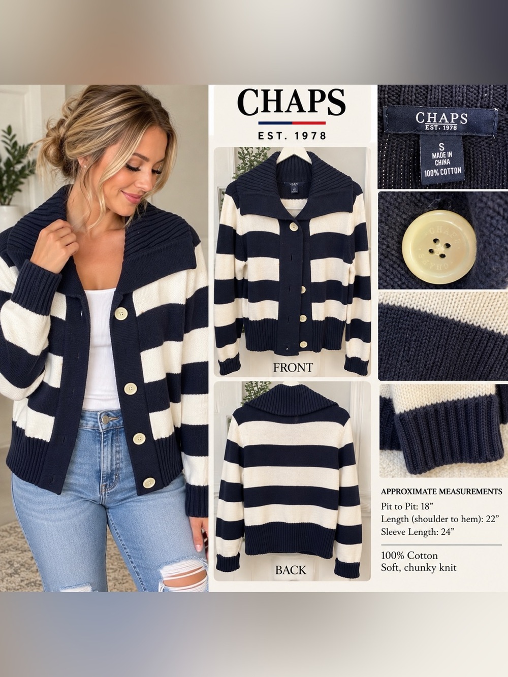 CHAPS Navy White Striped Shawl Collar Cardigan Sweater Women’s Small